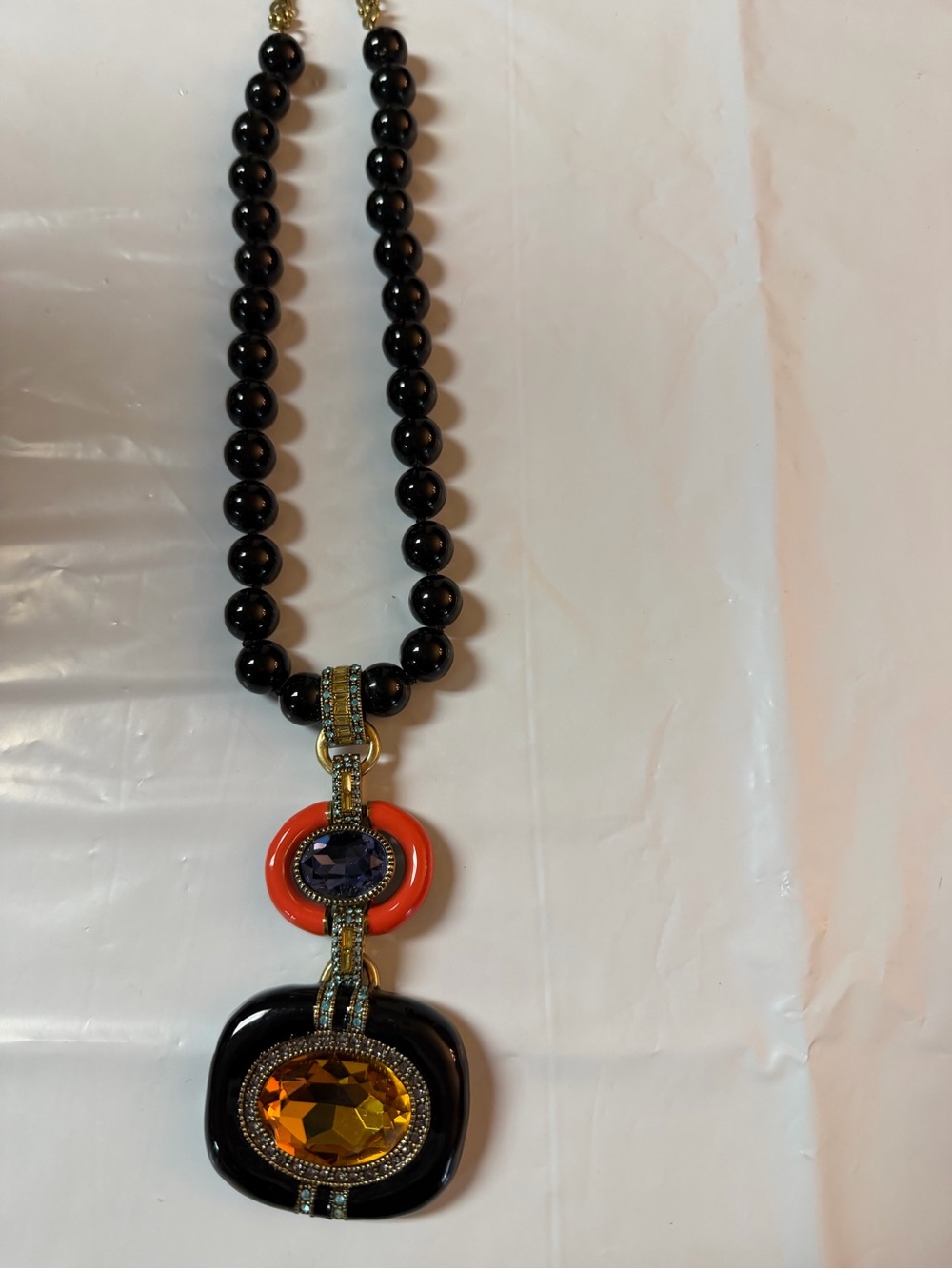 Heidi Daus Black Beaded Necklace with Orange and Amber Accents